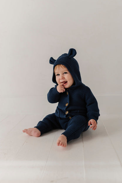 Cotton Knit Hoodie - Navy