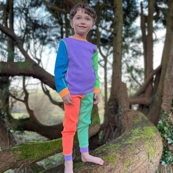 Boy wearing Slugs & Snails organic Waffle top & pants set- '90s dayglow