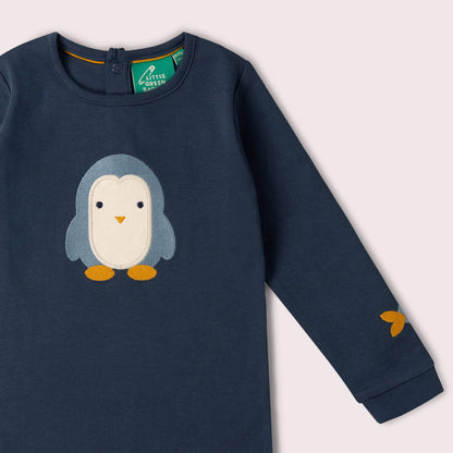 Little Green Radicals Organic Cotton Long Sleeve T-Shirt - Blue Penguins Appliqué