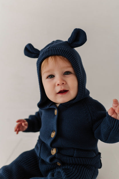 Cotton Knit Hoodie - Navy