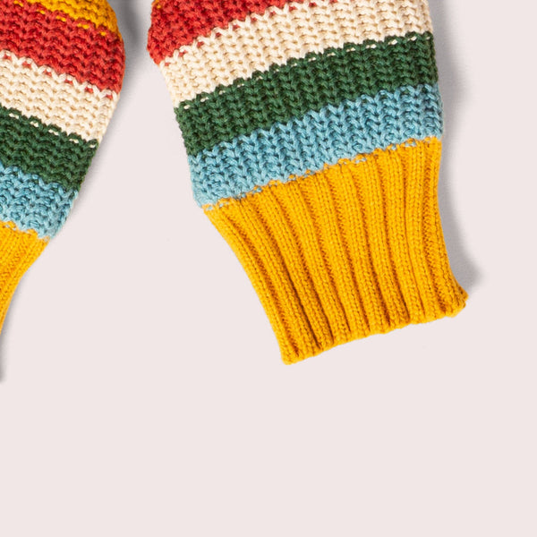 Little Green Radicals Organic Knitted mittens- rainbow stripe, closeup