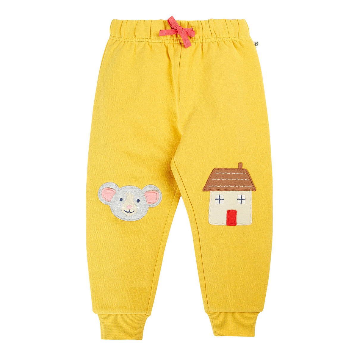 Frugi Organic Cotton Joggers - Mouse/House Knee Patch Yellow
