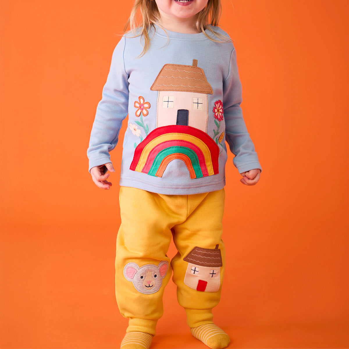 Frugi Organic Cotton Joggers - Mouse/House Knee Patch Yellow
