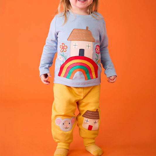 Frugi Organic Cotton Joggers - Mouse/House Knee Patch Yellow