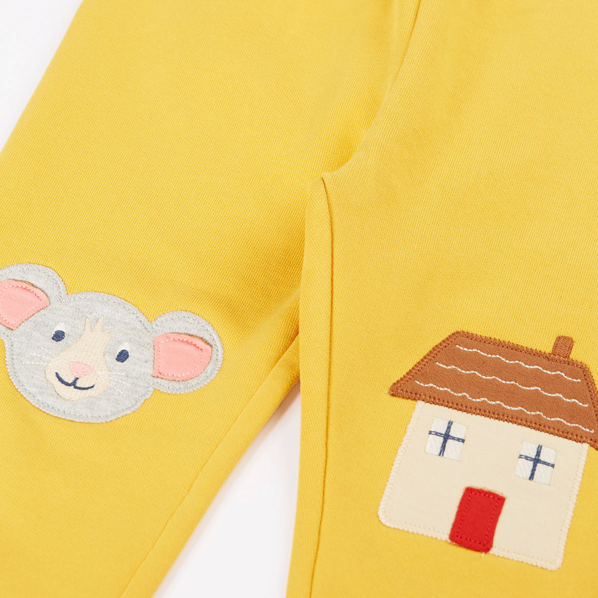 Frugi Organic Cotton Joggers - Mouse/House Knee Patch Yellow