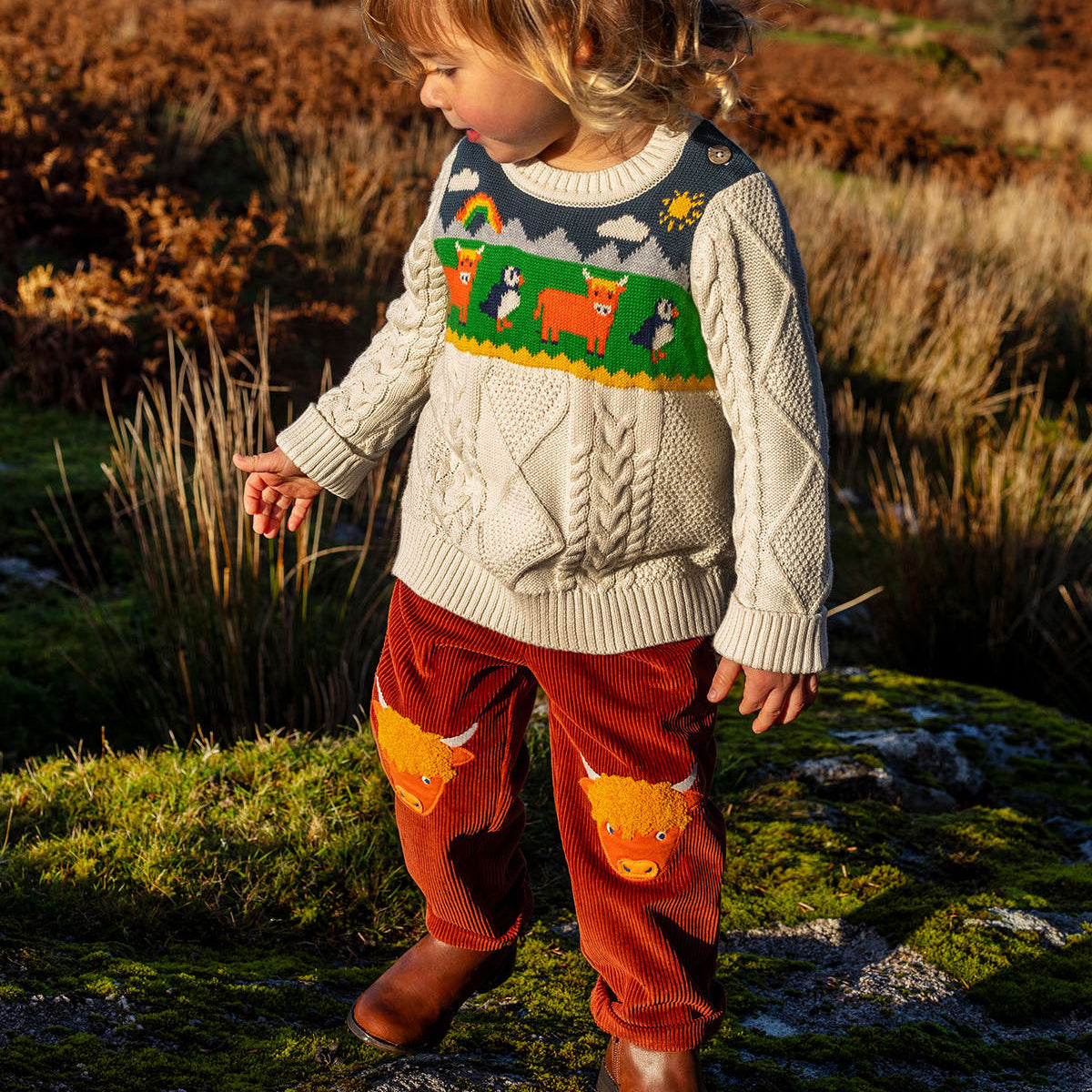 Frugi Organic Cotton Knee Patch Corduroys - Highland Cow