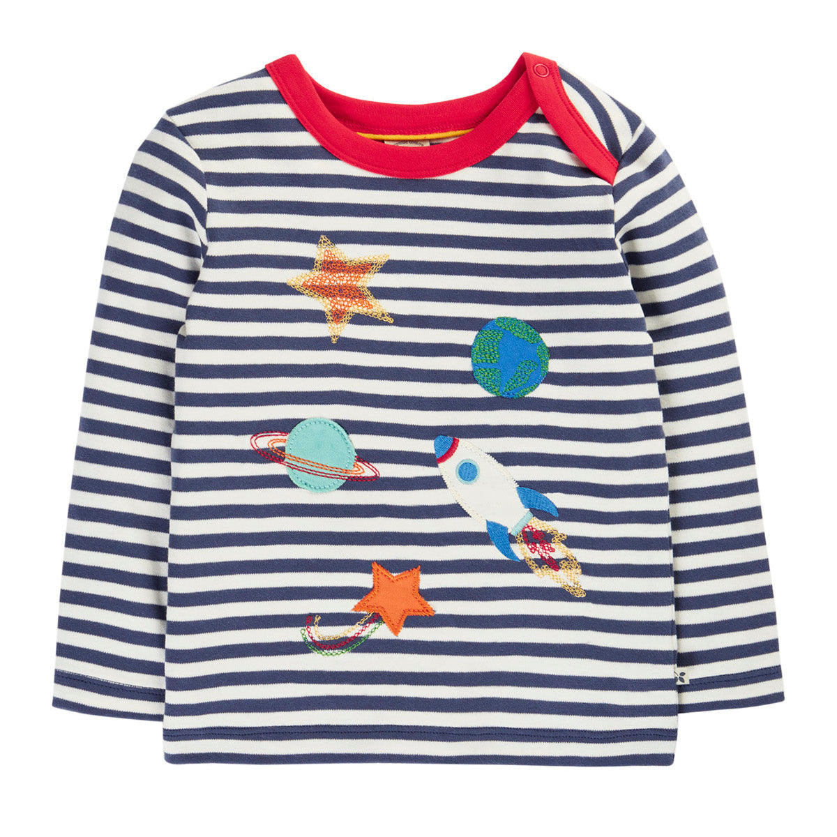 Frugi Organic Cotton Navy Stripe Long Sleeve T-Shirt - Space Appliqué