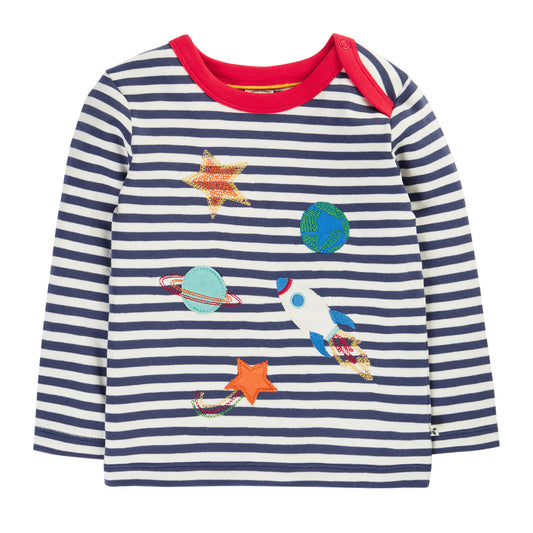 Frugi Organic Cotton Navy Stripe Long Sleeve T-Shirt - Space Appliqué