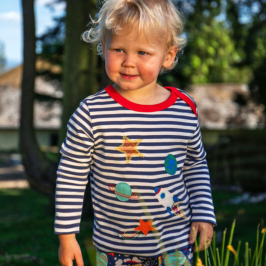 Frugi Organic Cotton Navy Stripe Long Sleeve T-Shirt - Space Appliqué