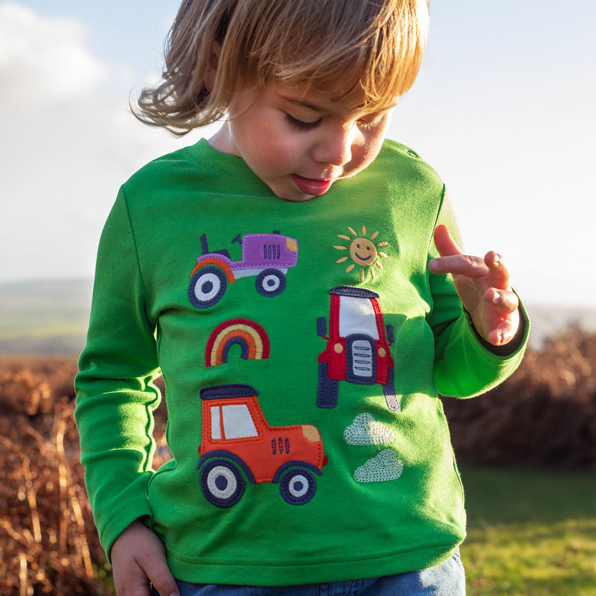 Frugi Organic Cotton Long Sleeve T-Shirt - Tractors Appliqué