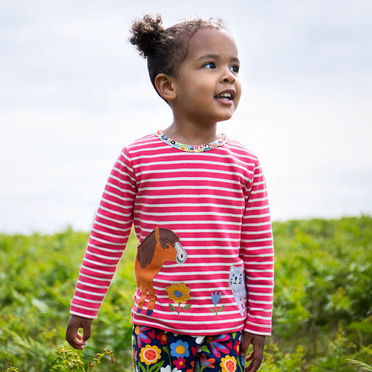 Frugi Organic Cotton Long Sleeve Breton Stripe Top - Pals Appliqué