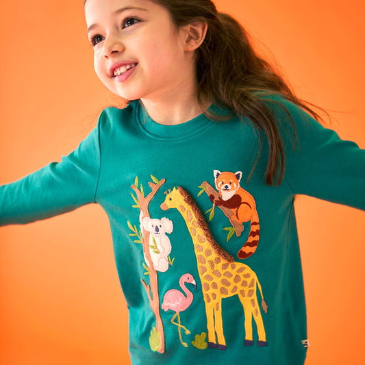 Frugi Organic Cotton Long Sleeve T-Shirt - Zoo Animals Appliqué