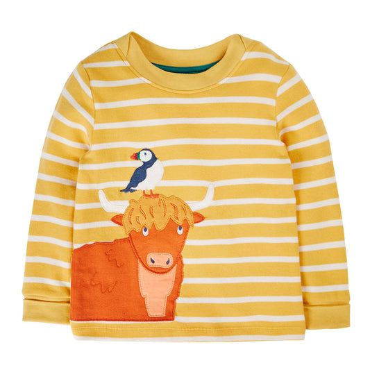 Frugi Organic Cotton Long Sleeve T-Shirt - Highland Cow Appliqué