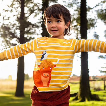 Frugi Organic Cotton Long Sleeve T-Shirt - Highland Cow Appliqué