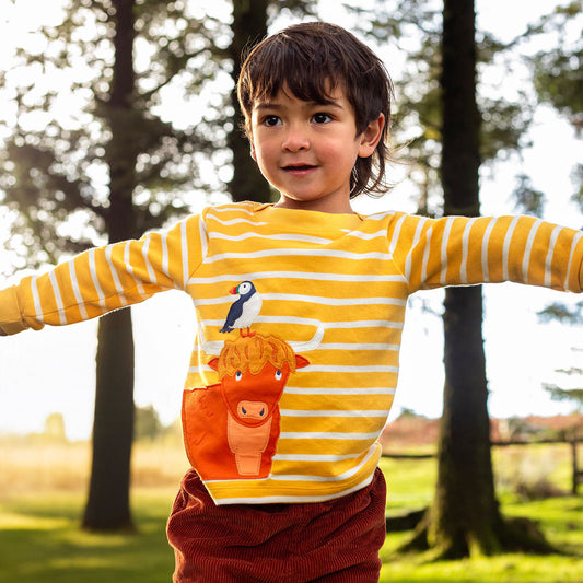 Frugi Organic Cotton Long Sleeve T-Shirt - Highland Cow Appliqué