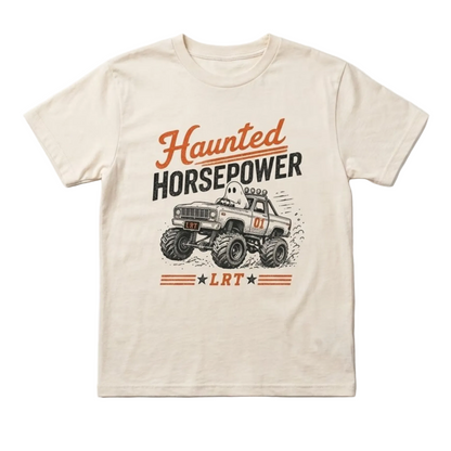 A cream-colored short-sleeve t-shirt with a vintage graphic of a monster truck and the text 'Haunted Horsepower' and 'LRT' on the front, displayed flat against a light gray background.