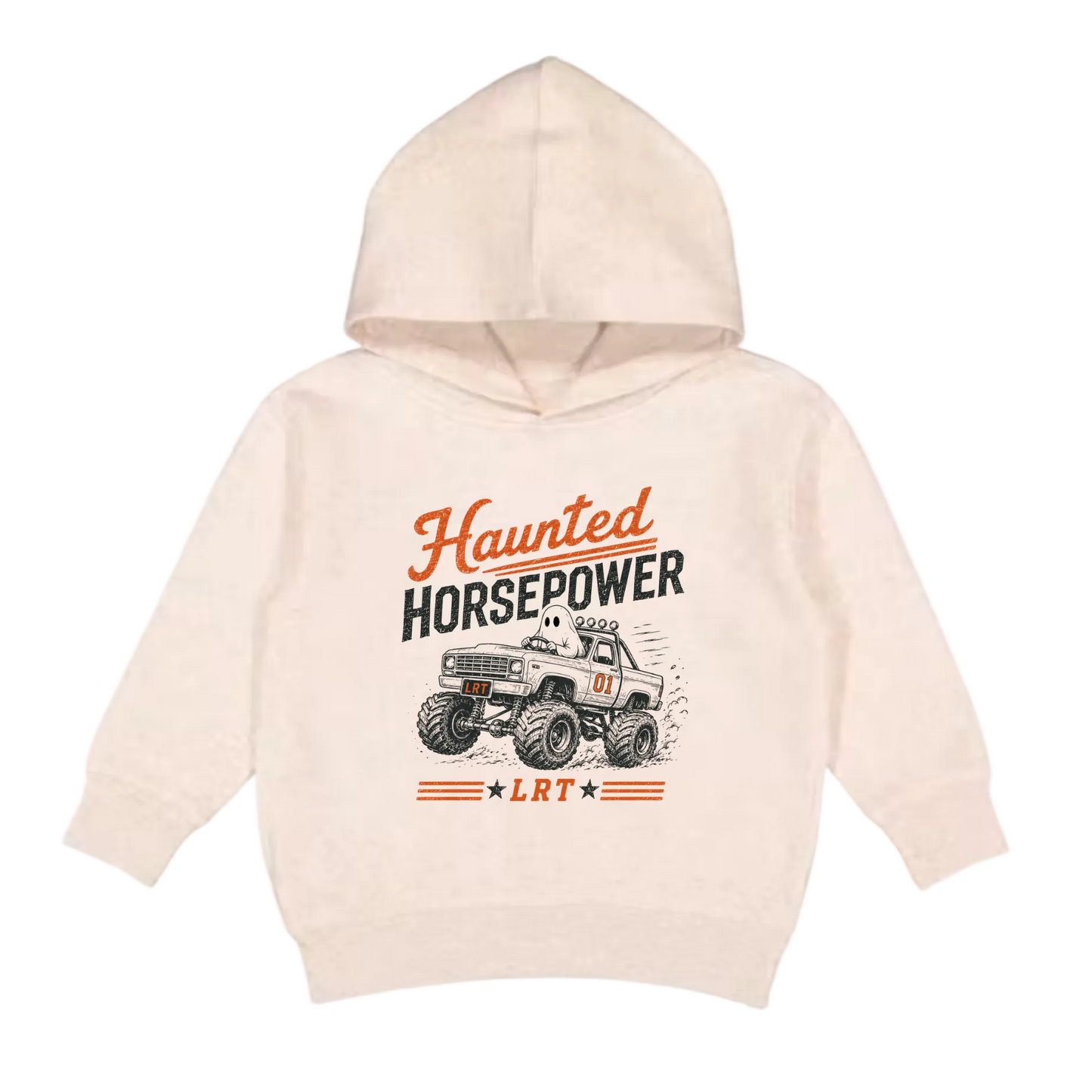 A light beige hooded sweatshirt for toddlers, featuring a graphic print of a monster truck and the text 'Haunted HORSEPOWER' and 'LRT' on the front, set against a plain light gray background.