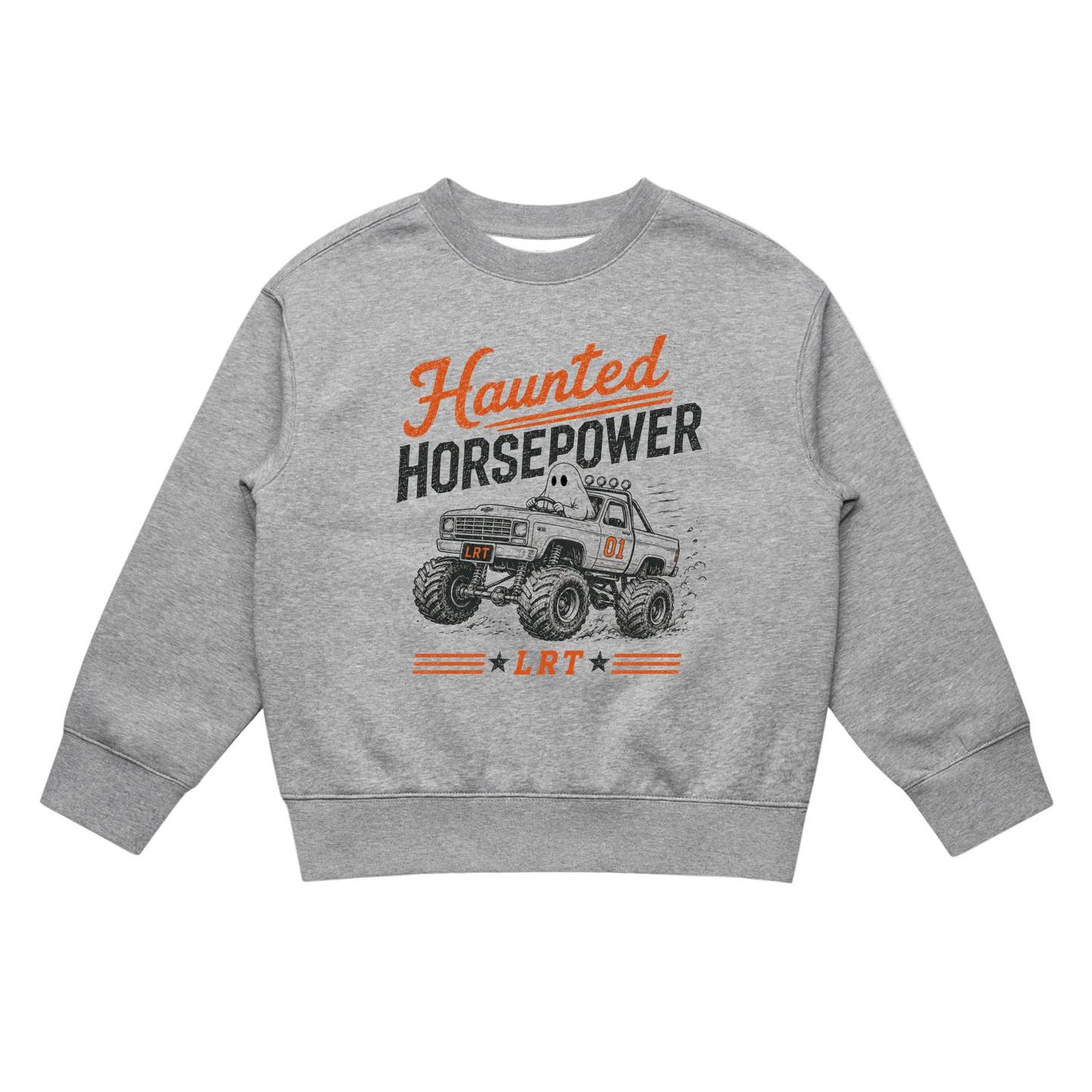 A heather gray crewneck sweatshirt featuring a graphic print of a monster truck and the text 'Haunted Horsepower' and 'LRT' in orange and black.