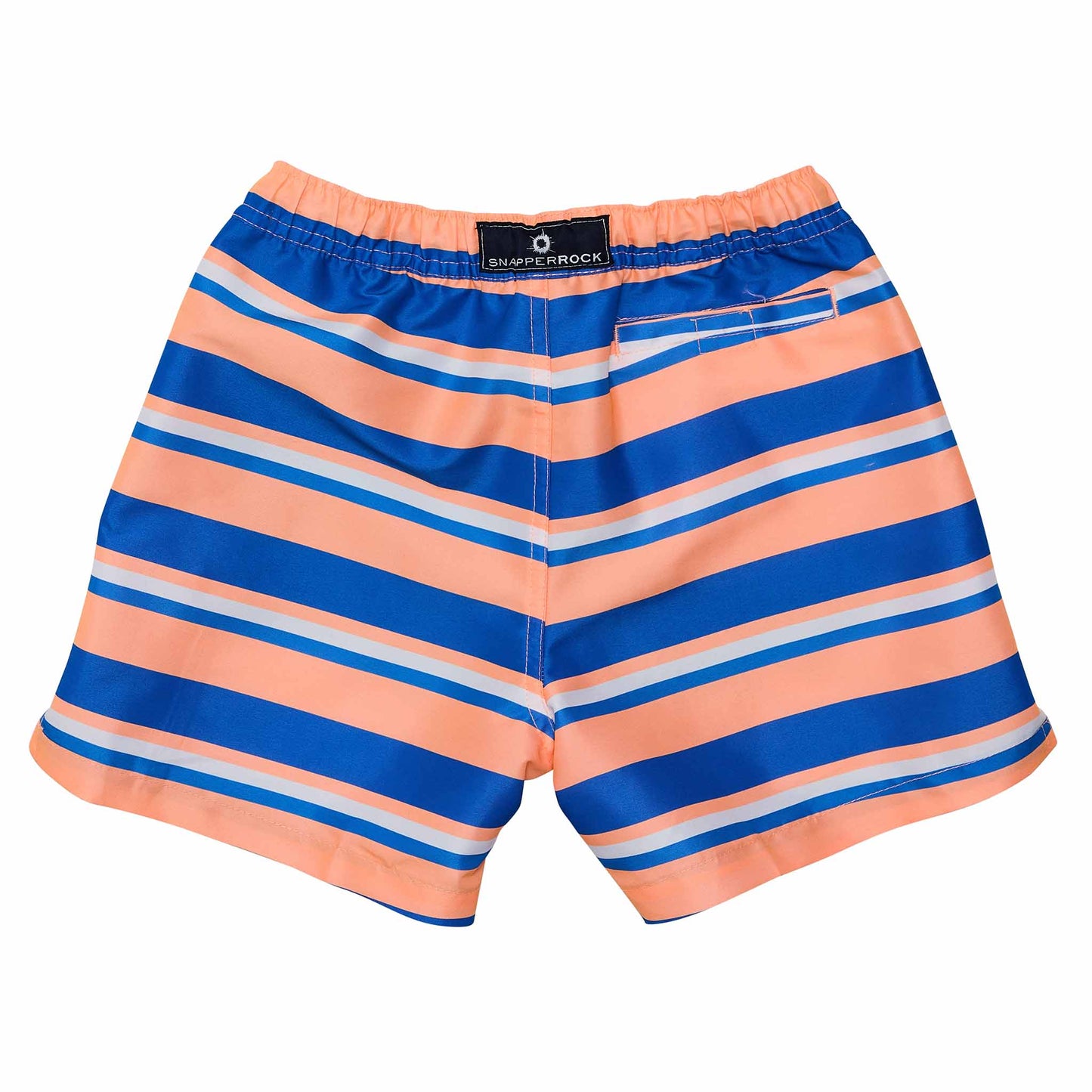 Striped shorts with blue and orange pattern on a white background