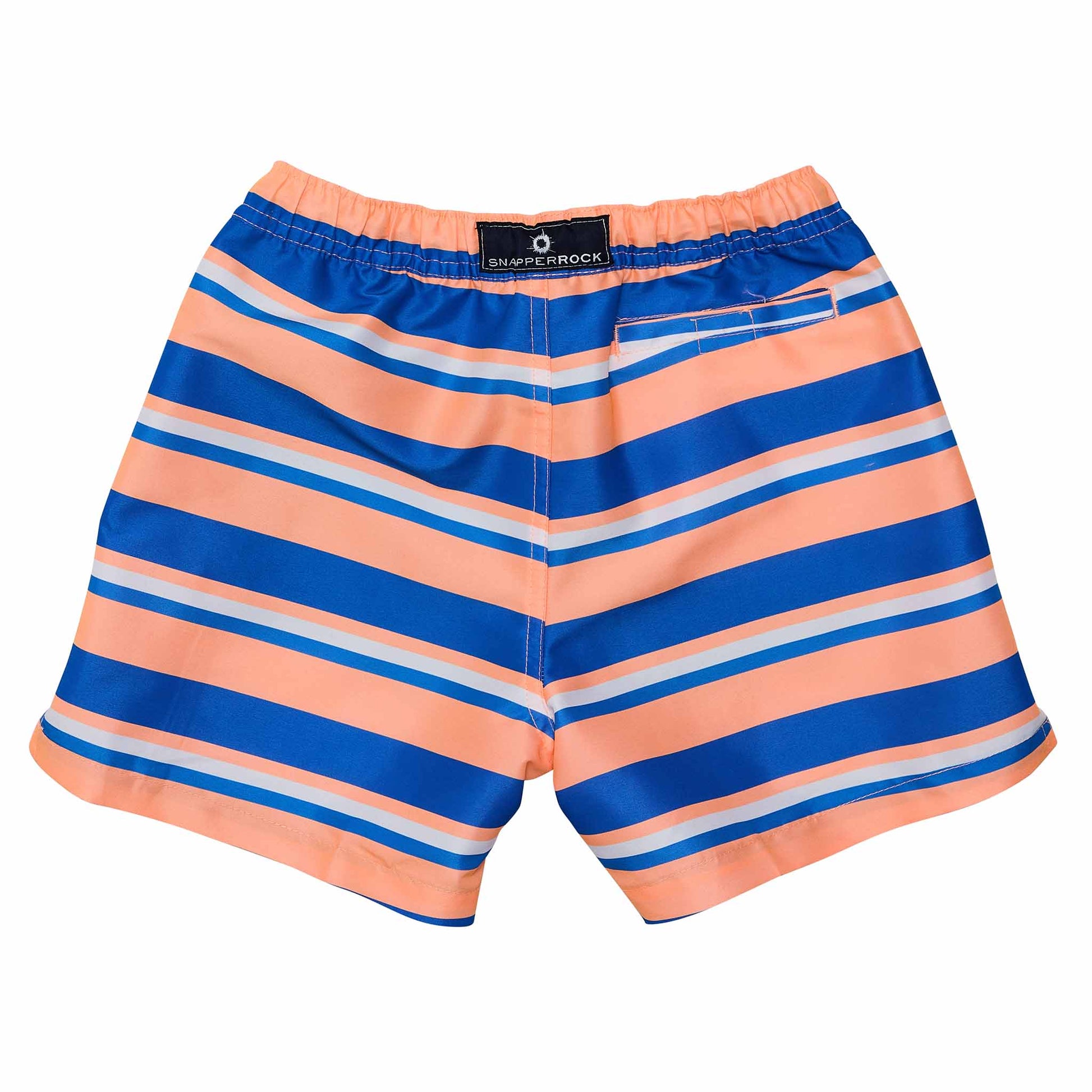 Striped shorts with blue and orange pattern on a white background