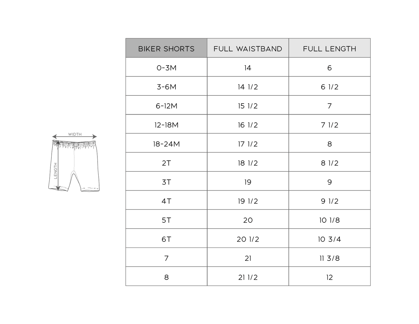 Size chart for biker shorts with measurements in inches.