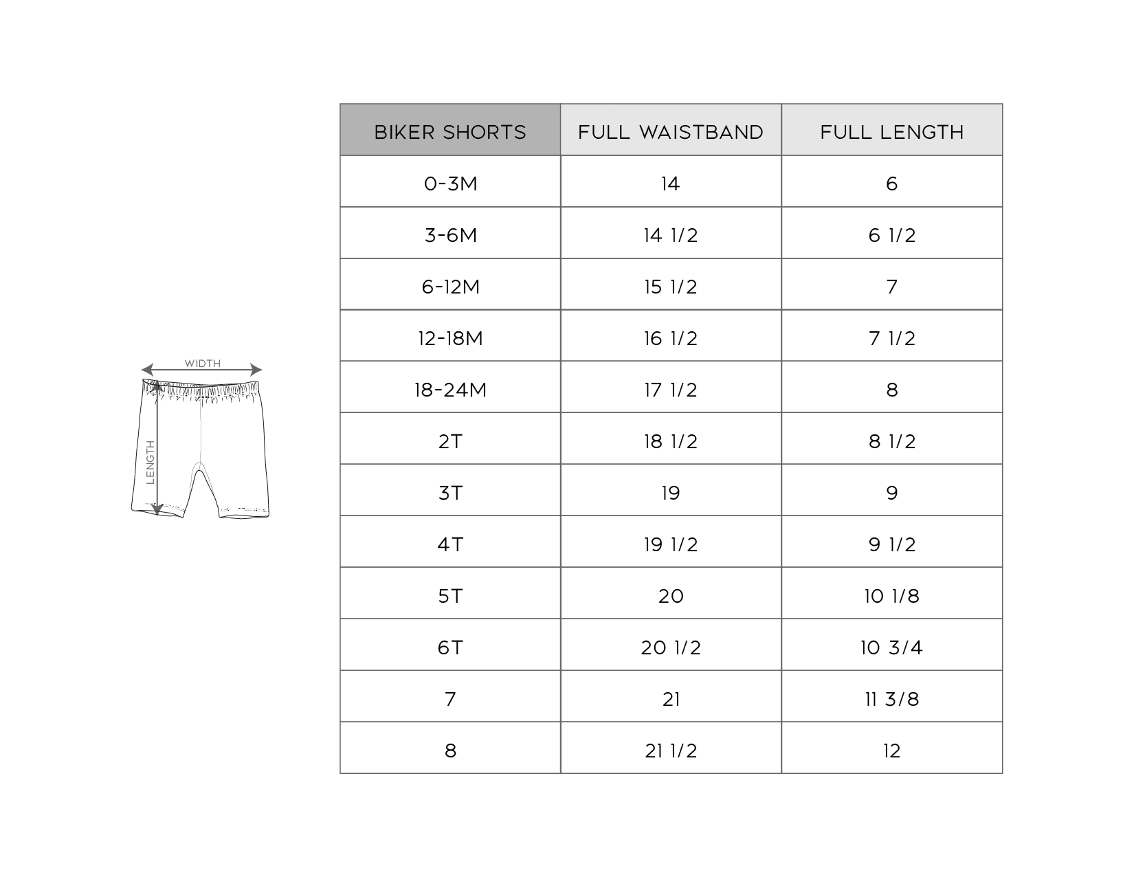 Size chart for biker shorts with measurements in inches.