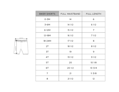Size chart for biker shorts with measurements in inches.