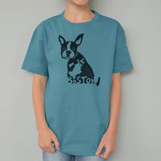 Child wearing a blue t-shirt with a black dog graphic and 'Boston' text on a plain background