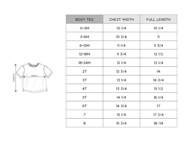 Size chart for a boxy tee with measurements in inches