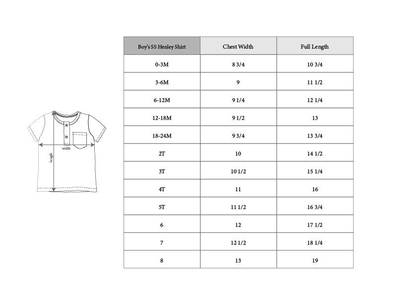 Size chart for boys' henley shirts with measurements in chest width and full length.