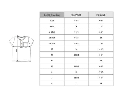 Size chart for boys' henley shirts with measurements in chest width and full length.