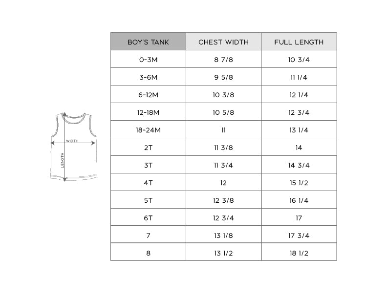 Measurement chart for boys' tank tops with chest width and full length dimensions.