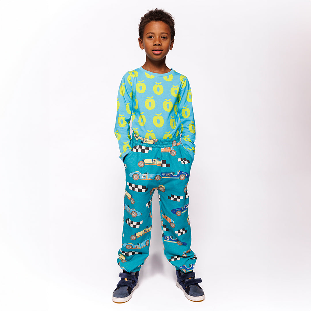 Småfolk Organic Boys' Sweatpants- Race Cars, Teal
