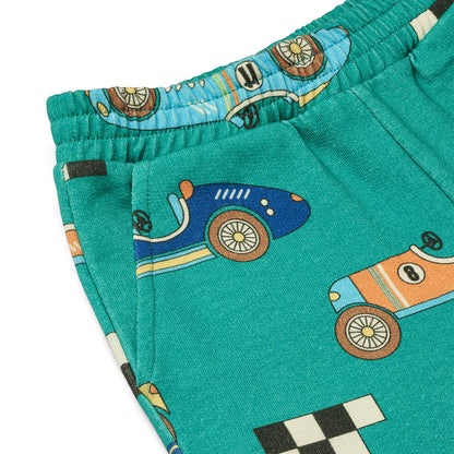Småfolk Organic Boys' Sweatpants- Race Cars, Teal