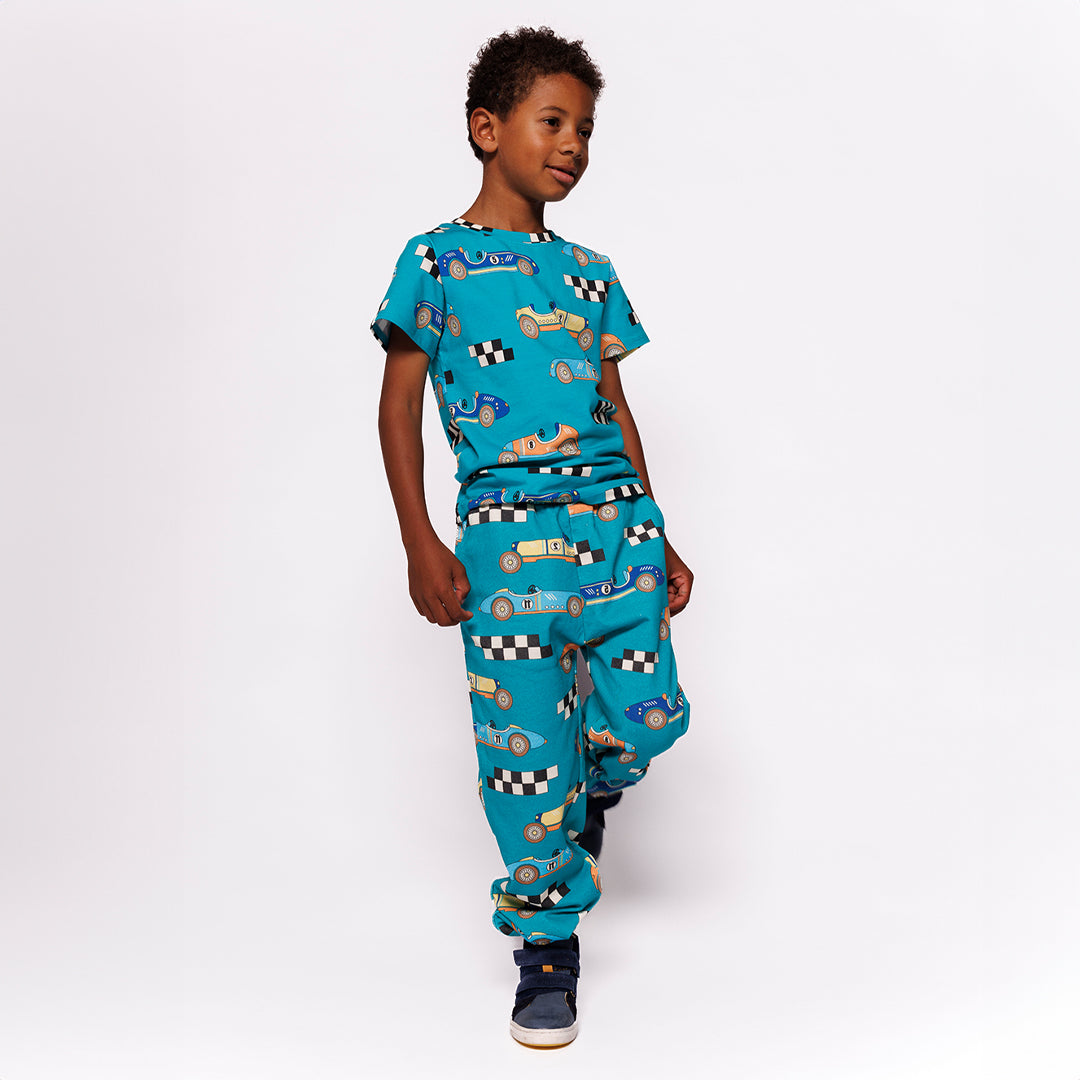 Småfolk Organic Boys' Sweatpants- Race Cars, Teal