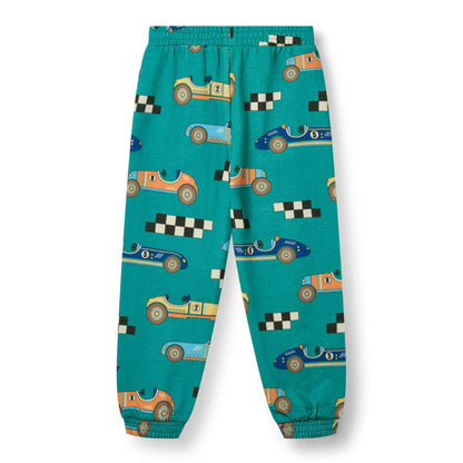 Småfolk Organic Boys' Sweatpants- Race Cars, Teal