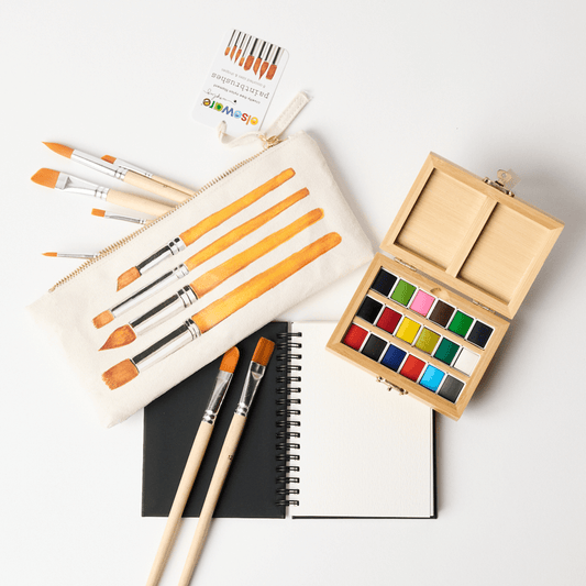 Watercolor Travel Set - Bamboo Case, Brushes, & Paper Pad