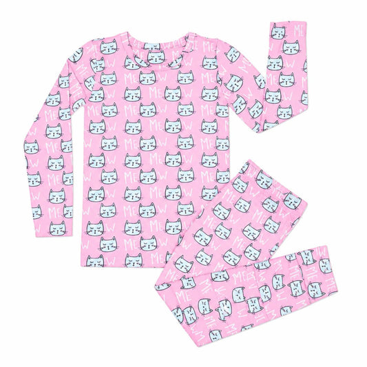 Pink pajama set with cat pattern on a white background