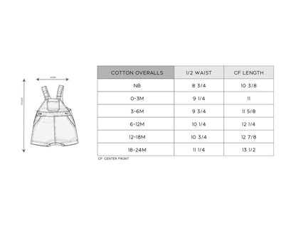 Measurement chart for cotton overalls with size chart on a white background