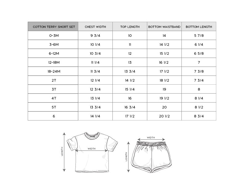 Size chart for a cotton terry short set on a white background