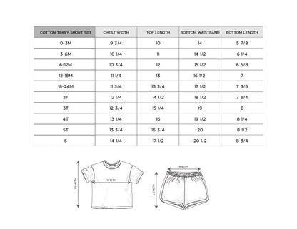 Size chart for a cotton terry short set on a white background