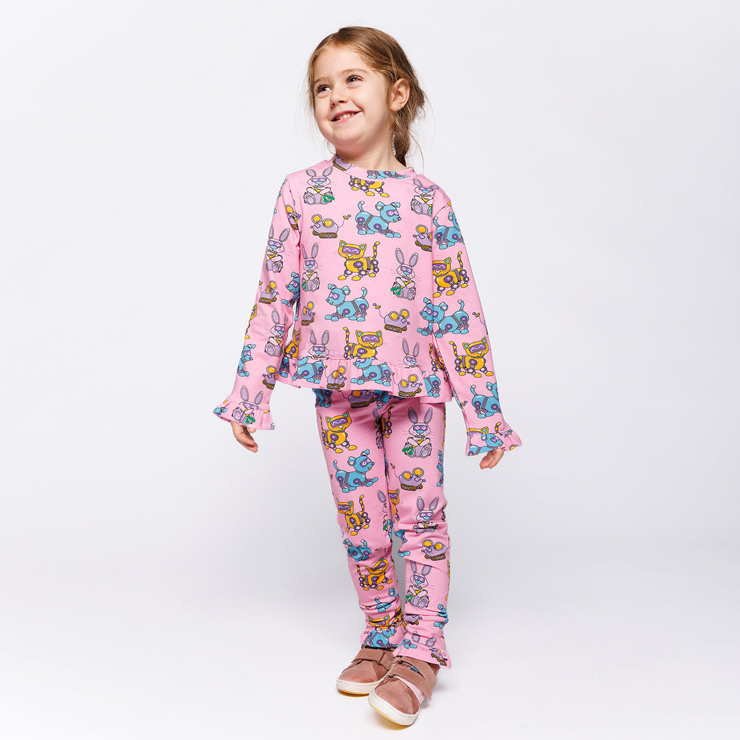 Girl wearing Småfolk Organic Girls' Leggings- Robot Pets, Pink Lilac