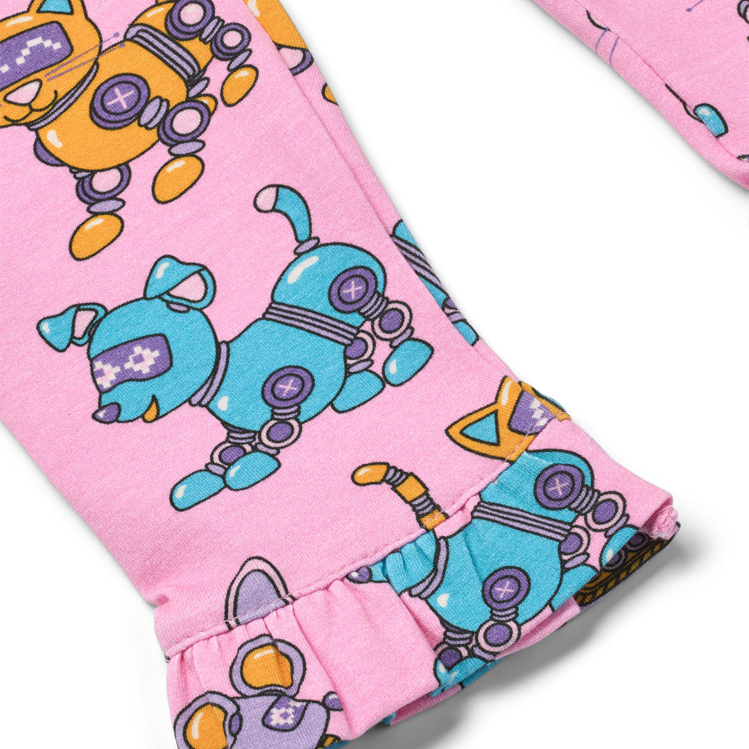 Småfolk Organic Girls' Leggings- Robot Pets, Pink Lilac