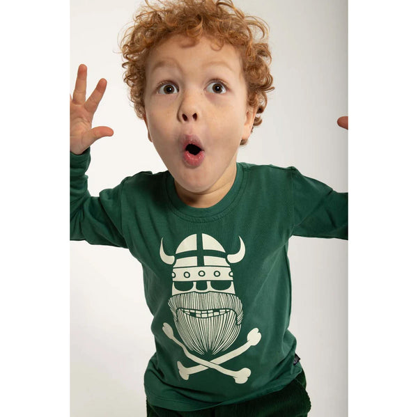 Boy wearing Danefae Long sleeved tee- dark pine Ghost of Erik