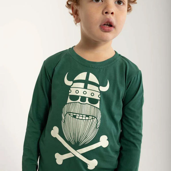 Boy wearing Danefae Long sleeved tee- dark pine Ghost of Erik