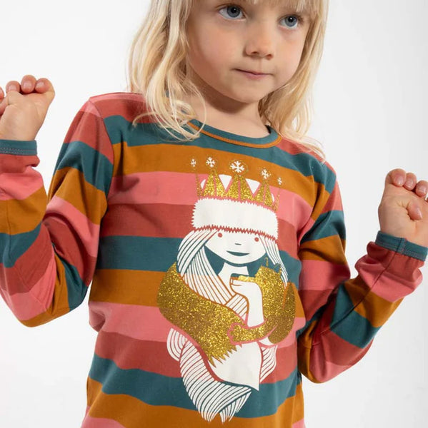 Girl wearing Danefae Long sleeved tee- multi-stripe princess