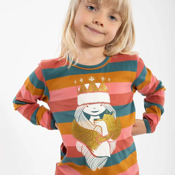 Girl wearing Danefae Long sleeved tee- multi-stripe princess