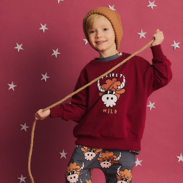 Boy wearing Dear Sophie organic Sweatshirt- bull dark red