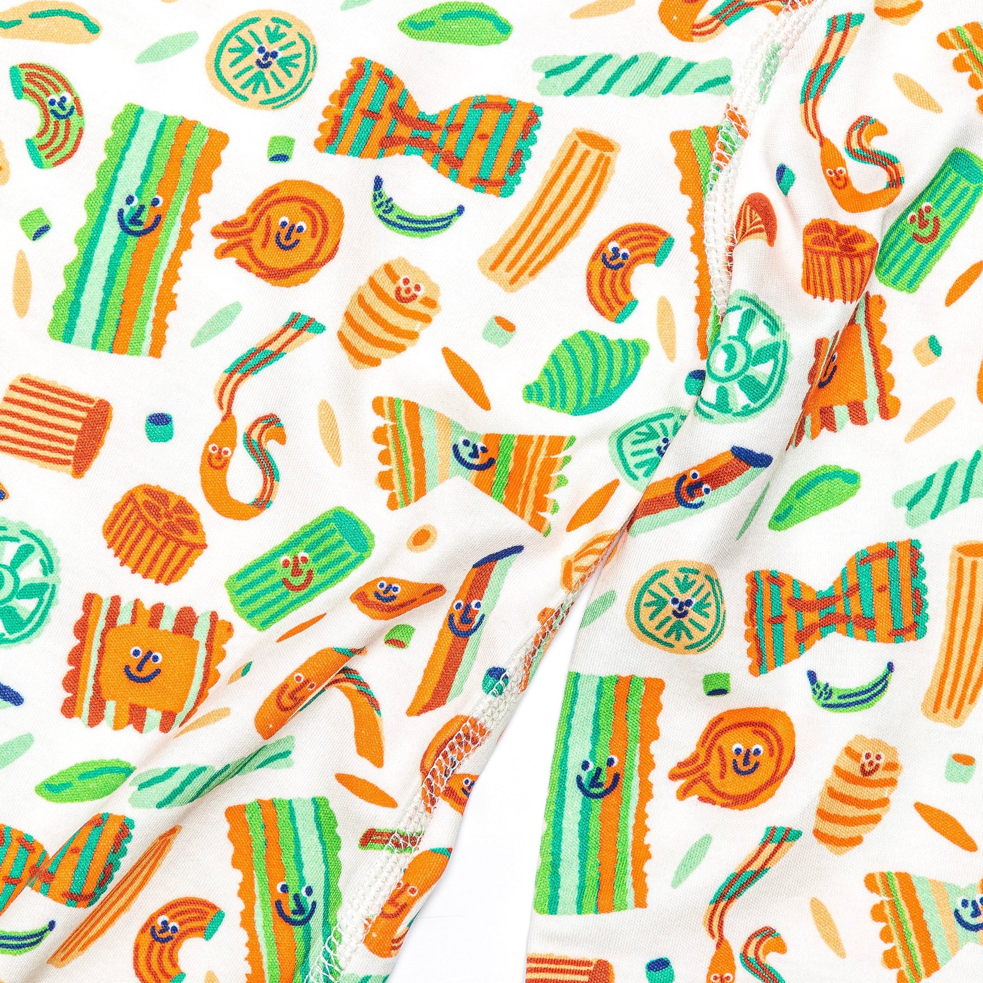 Colorful pattern of cartoon-like food items on a white background