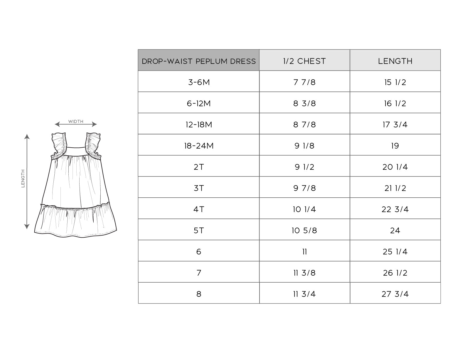 Size chart for a drop-waist peplum dress with measurements in inches.